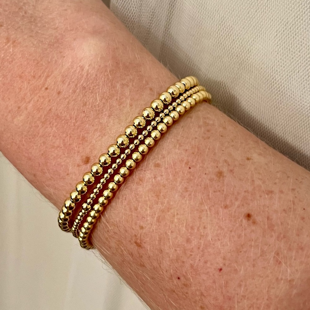 π Set of 2mm 3mm 4mm 14k Gold Filled Beaded Stretch Bracelets - Picture 8 of 9